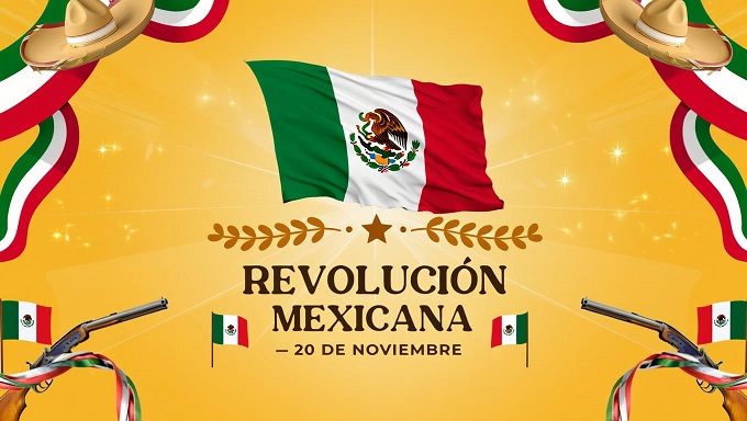 Cabecera conmemorativa de la Revolución Mexicana con la bandera de México.